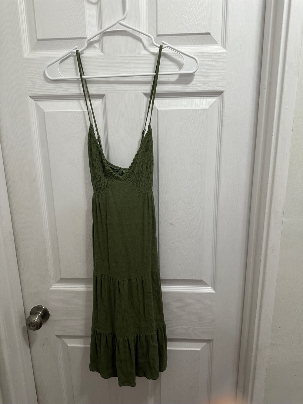 Olive Green Smocked Tiered Spaghetti Strap Keyhole Back w. Tie Dress